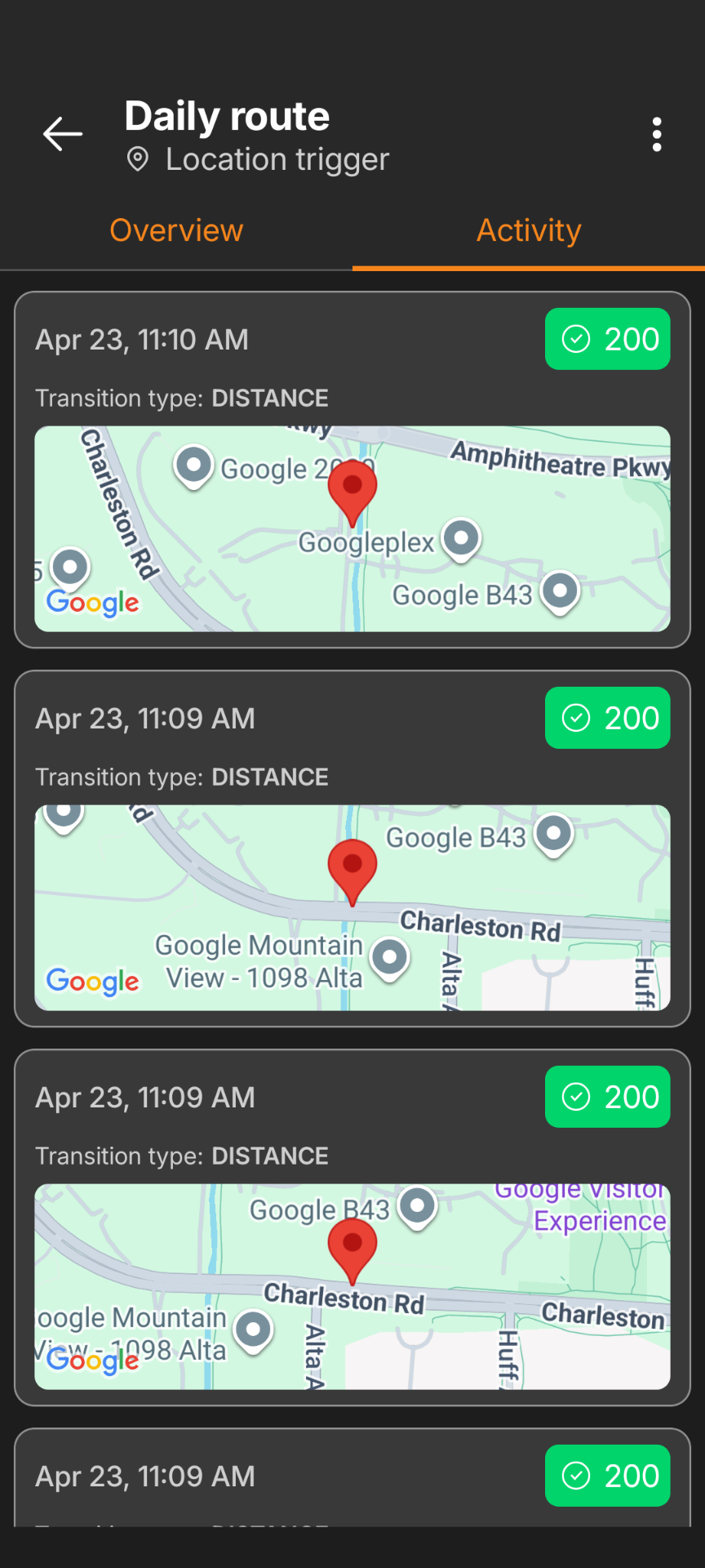 Location trigger activity log
