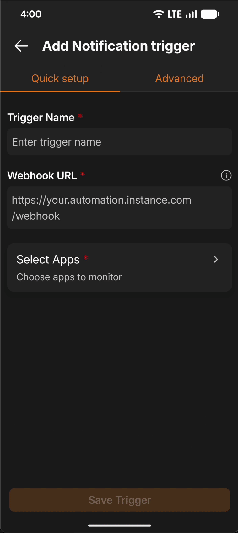 FlowTrigger Android Expense trigger configuration