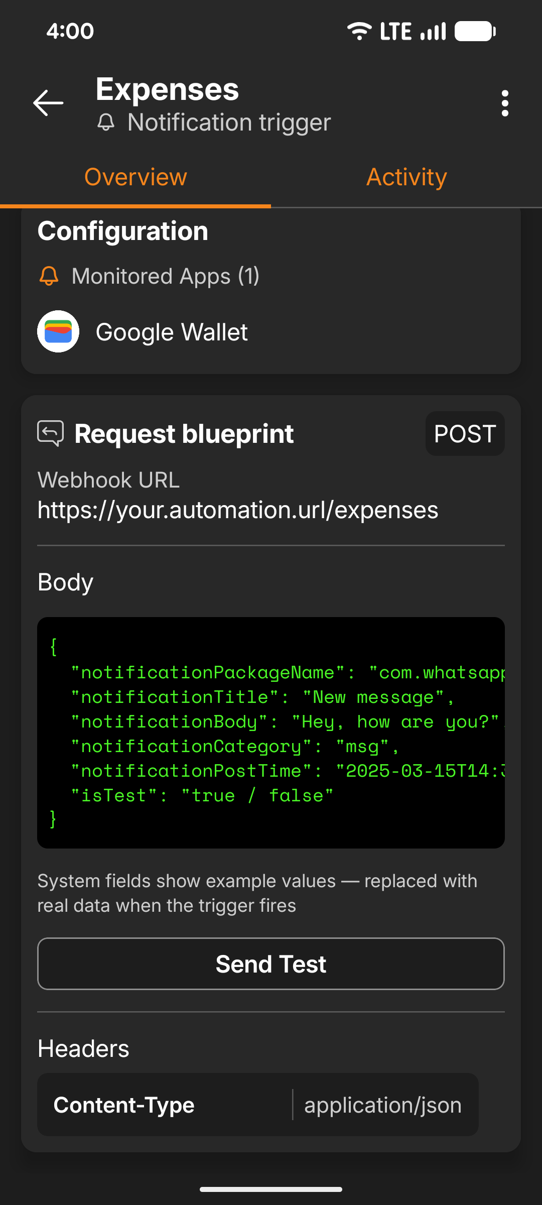 FlowTrigger Send Test Event button — sends a sample webhook so your automation can map the JSON payload