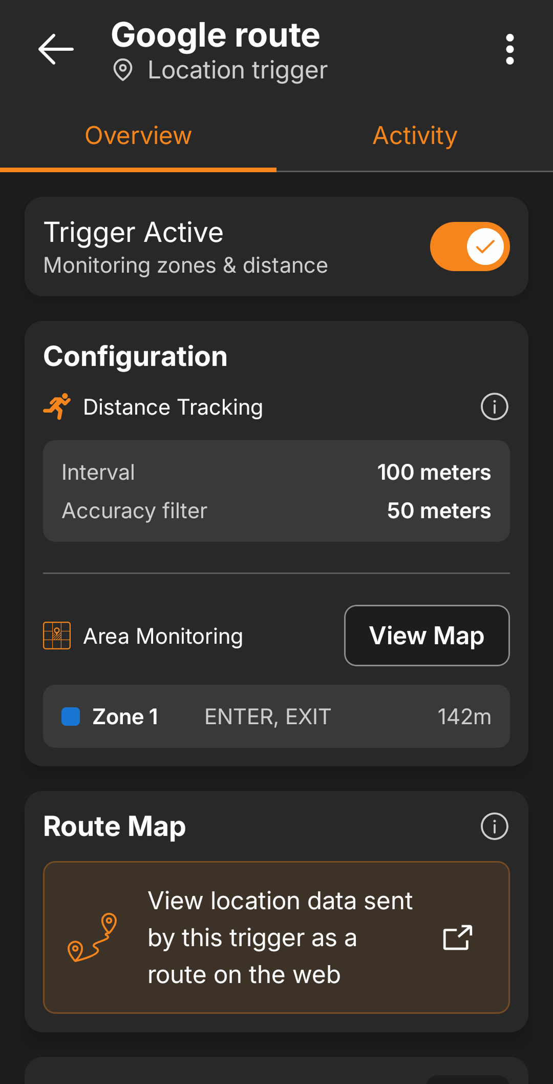 FlowTrigger Android Location trigger configuration — distance interval, accuracy filter, and geofence zone