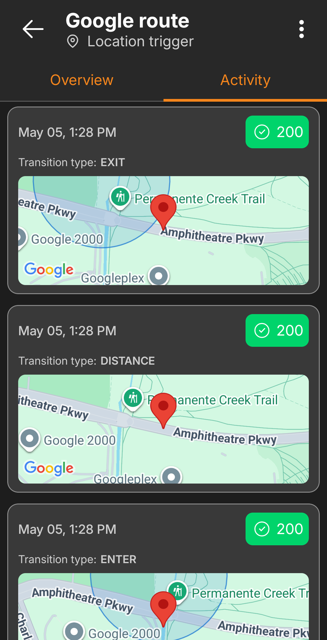 FlowTrigger Android Location trigger activity log showing ENTER, EXIT, and DISTANCE events with map previews