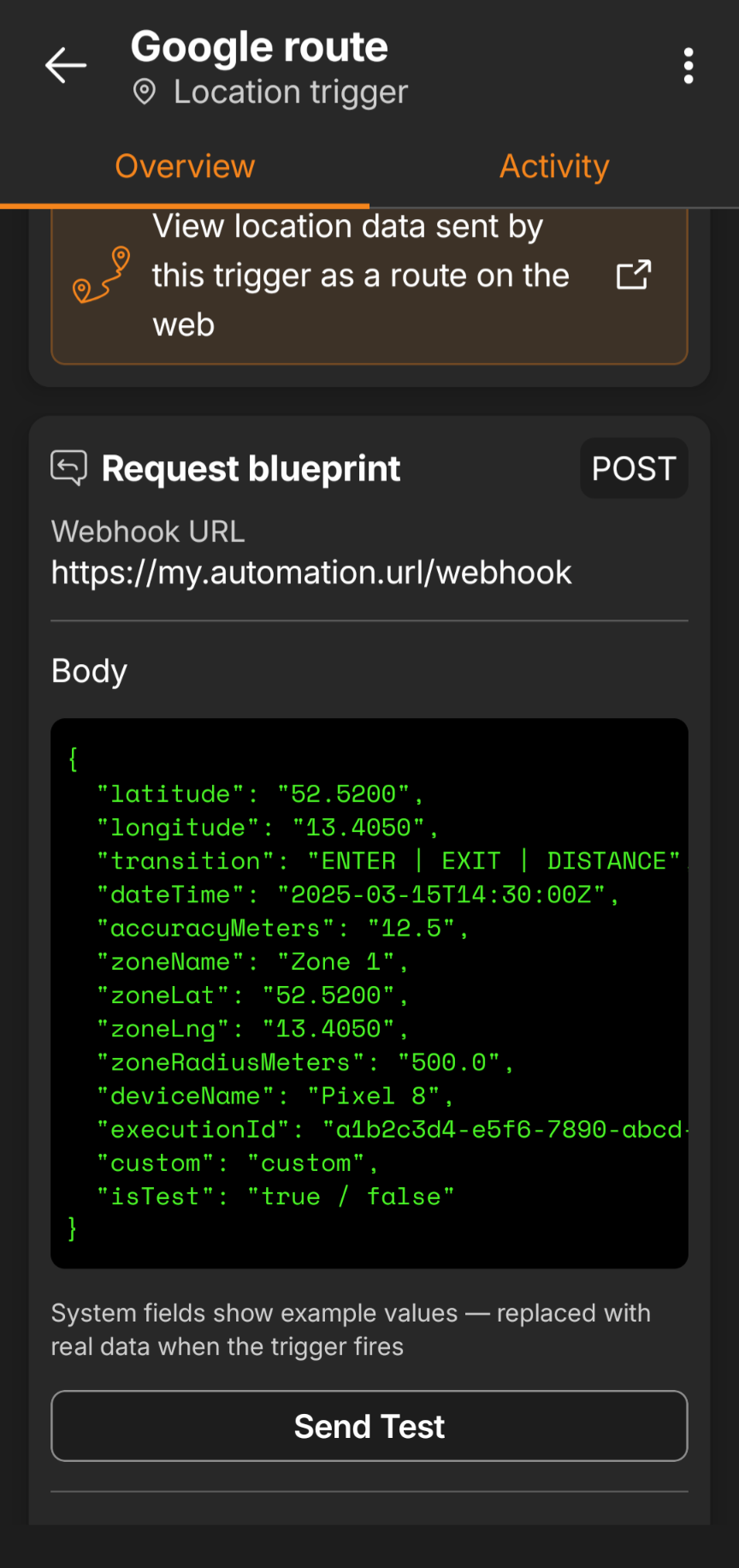 FlowTrigger Send Test Event button — sends a sample webhook so your automation can map the JSON payload